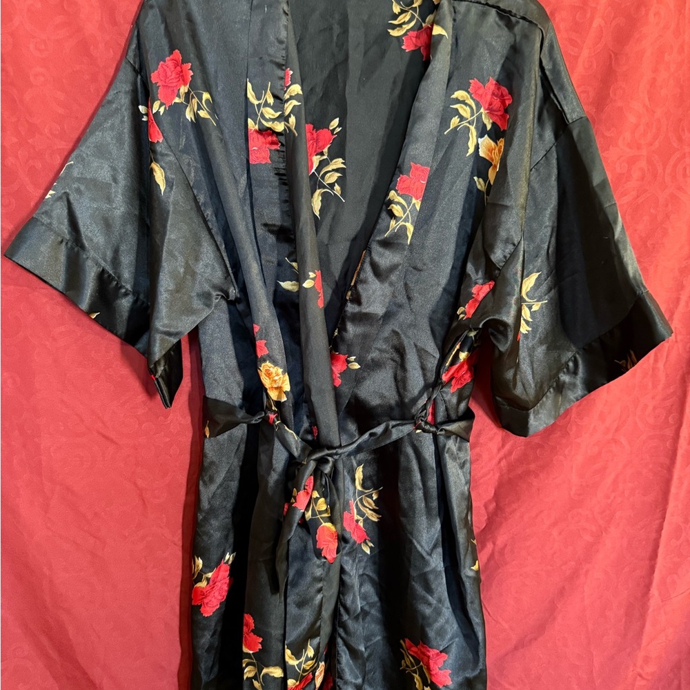 La Fleur Black Satin Floral Kimono Robe Red Rose Print Belted Loungewear